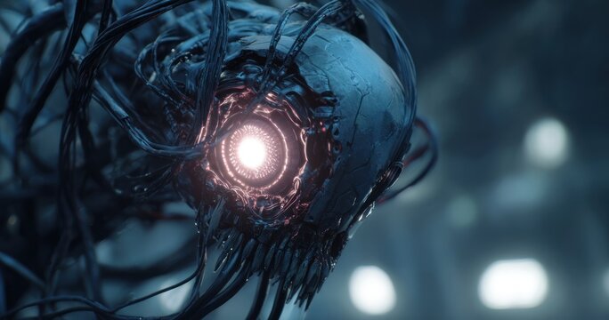 Abstract futuristic alien creature with glowing eye close up in dark environment