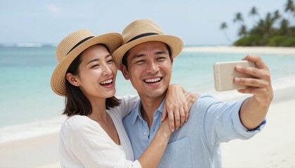Obraz premium Paradise Captured: A smiling couple, adorned in straw hats, captures a joyous selfie on a sun-drenched tropical beach, with palm trees and turquoise water in the background.