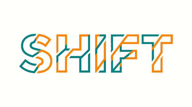 Shift word typography design with geometric orange and teal line art patterns on a white background for modern graphic communication and branding