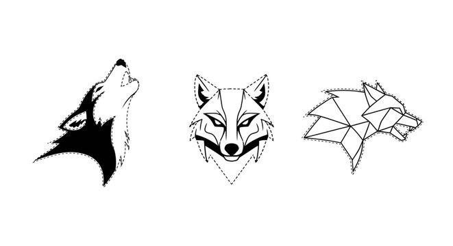 Three Unique Wolf Head Illustrations in Different Art Styles.