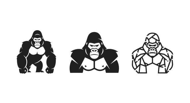 Three stylized gorilla illustrations showing different poses.