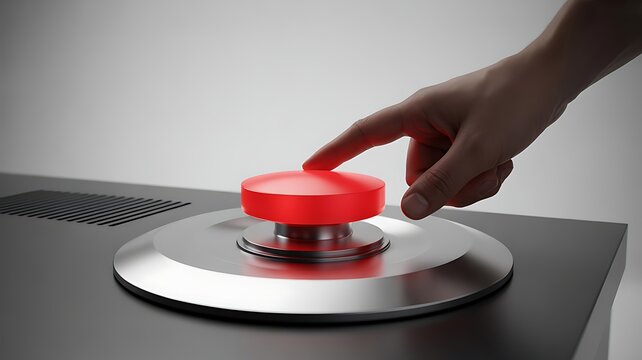 A human hand pressing a large glowing red emergency button on a metallic industrial control panel in a dark studio setting