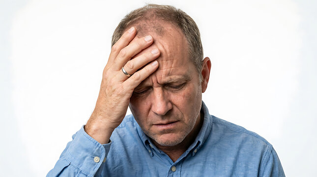 Man with hand on forehead showing discomfort
