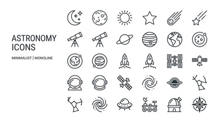 Collection of minimalist line icons representing astronomy and space exploration elements. © handaka