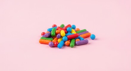 Obraz premium A vibrant pile of multicolored medicinal pills and capsules on a soft pink background.