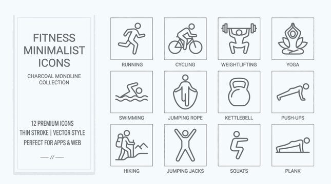 Set of minimalist fitness icons in a charcoal monoline vector style, perfect for apps and web design.
