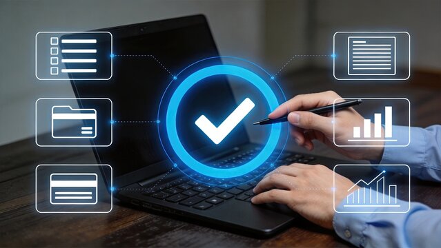 Laptop displaying large blue verification checkmark icon surrounded by data folders and analytics graphs, representing system validation, security confirmation and successful