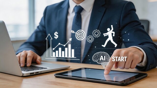 Businessman touching AI start button on tablet with hologram icons, artificial intelligence concept for technology innovation and digital transformation in modern corporate office