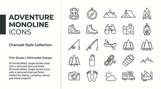 Adventure Monoline Icons Charcoal Style Collection for Hiking, Camping, Nature, and Travel Projects.