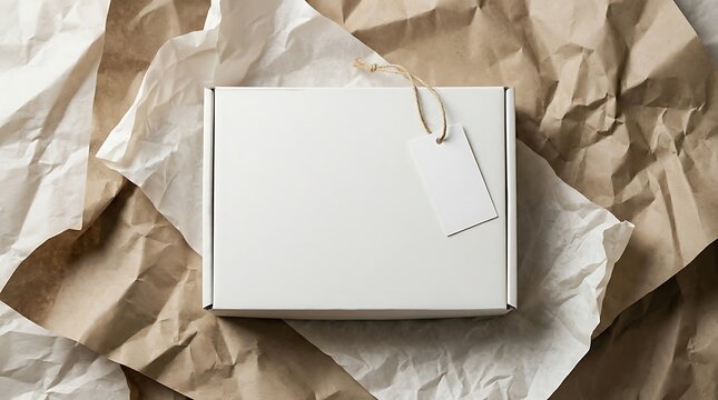 Blank white cardboard shipping box with empty clothing hang tag mockup on crumpled brown packing paper retail branding