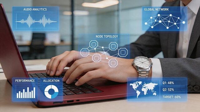 Businessman typing on laptop with holographic data interfaces, audio analytics, global network, node topology, performance metrics, and allocation charts overlay.