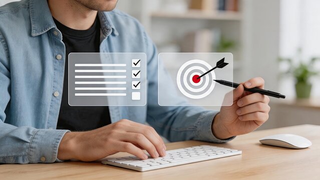 Creative professional planning target goals with checklist and arrow hitting bullseye, strategic business objective setting, project management workflow, productivity success