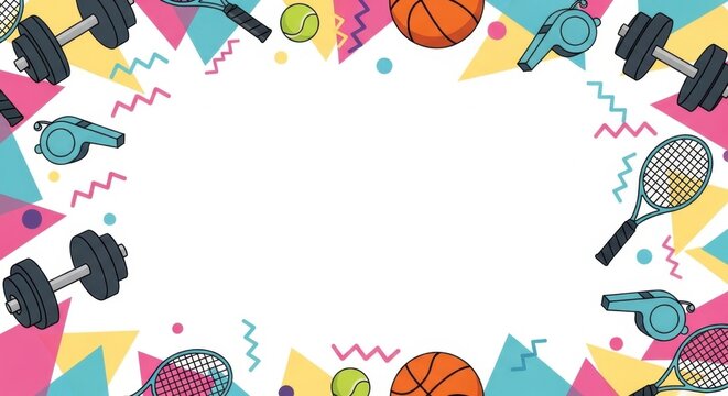 Energetic sports frame with basketballs tennis rackets dumbbells and whistles background.
