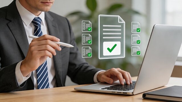 Professional verifying documents and approving files on laptop screen with digital icons, administrative and legal paperwork concept