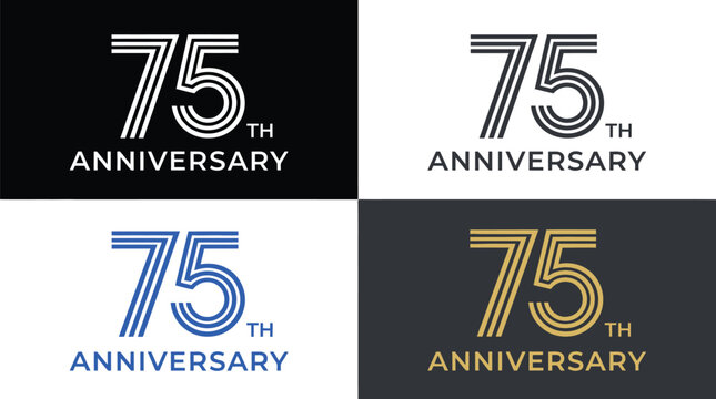 Modern seventy fifth anniversary vector graphic set featuring clean line art numbers on different backgrounds