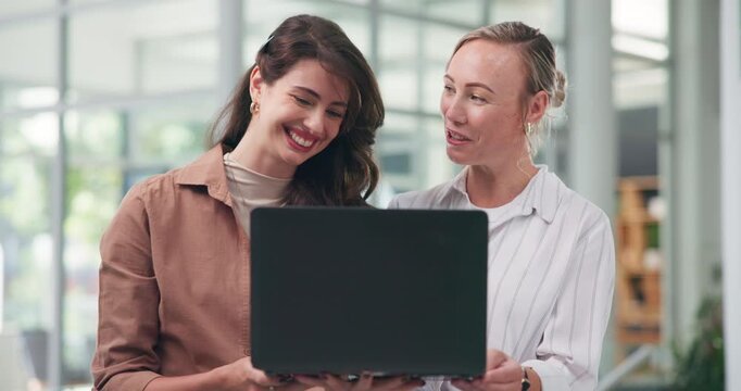 Planning, speaking and women with laptop in creative agency, article pitch and explain feature idea. Talking, draft proofreading or happy manager with journalist for teamwork, pc or story inspiration
