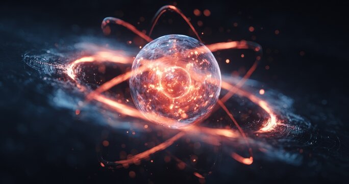 Abstract illustration of an atom with orbiting electrons in an outer space environment