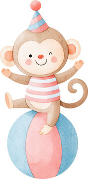 Watercolor illustration of a cute circus monkey balancing on a ball isolated on transparent background.