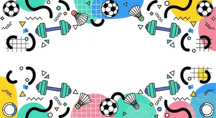 Fototapeta premium Creative sports pattern with dumbbells shuttlecocks and soccer balls in memphis design.