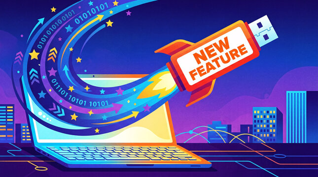 An abstract digital illustration of a rocket-shaped USB flash drive launching from a laptop with "New Feature" text