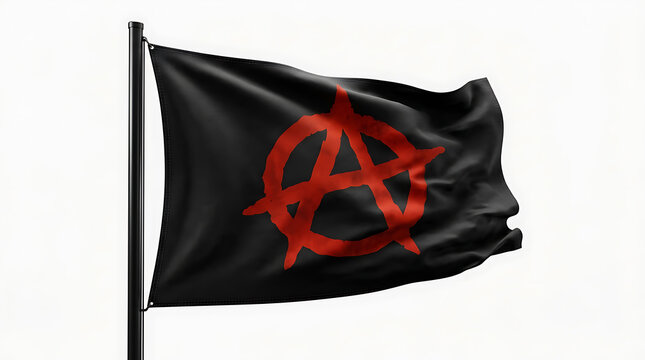 Black flag with red anarchy symbol waving