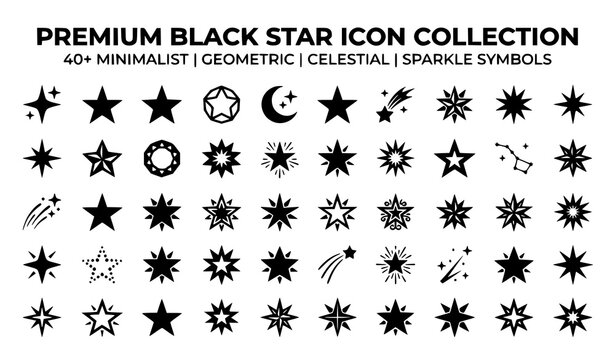 Black sparkle star vector icon collection with different celestial star shapes