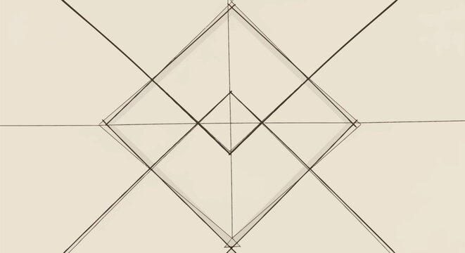 Minimalist geometric line drawing featuring a diamond grid pattern with intersecting diagonal lines and central axis on an off-white background in an architectural sketch style.
