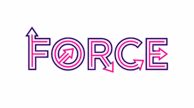 Force word typography with integrated arrow symbols in a neon pink and dark blue outline vector illustration style on a white background