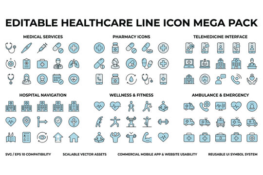 Editable healthcare line icon mega pack