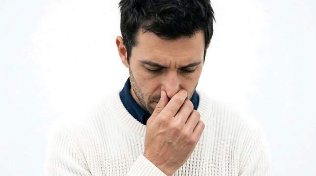 Man in white sweater touching nose