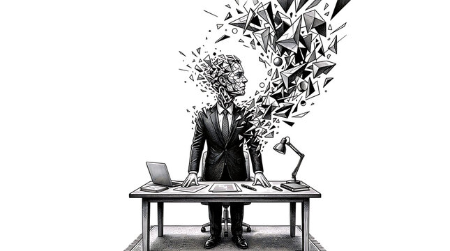 Man in suit desk with geometric disintegration