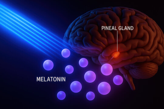 Melatonin molecule production blue light exposure from digital device affecting pineal gland function and natural sleep cycle regulation through hormone suppression