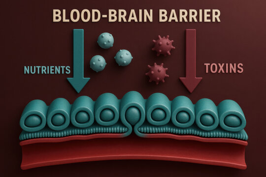 Medical illustration blood brain barrier cross section showing protective cell layer blocking toxin while allowing nutrient passage burgundy teal color neurological health concept