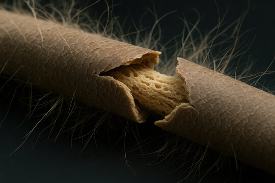 Extreme macro view showing fragile longitudinal fracture exposing cortex damage in chemotherapy induced alopecia specimen representing distressing hair loss condition