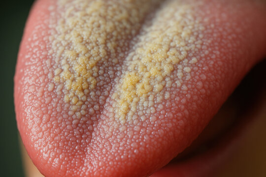 Close macro diagnostic imaging showing human tongue with severe papilla accumulation causing halitosis and oral hygiene health concern bringing intense discomfort and deep medical worry