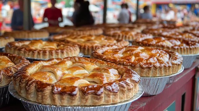 selective focus vendor at classic american fair offering freshly baked apple and cherry pies with golden flaky crusts