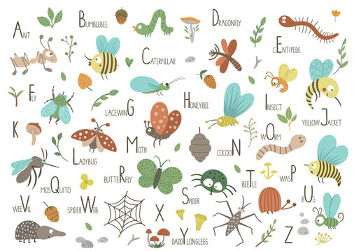 Cute cartoon bug alphabet seamless background pattern