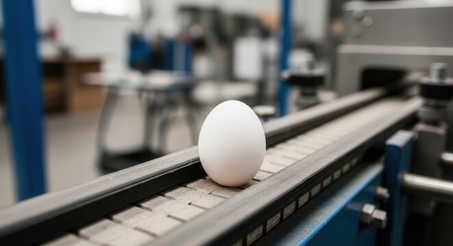 A single fresh white egg moving on an industrial conveyor belt in a factory.