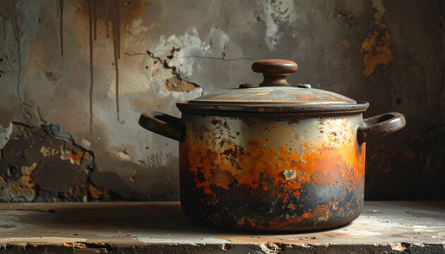 Close up of a weathered cooking pot with a lid against a textured wall