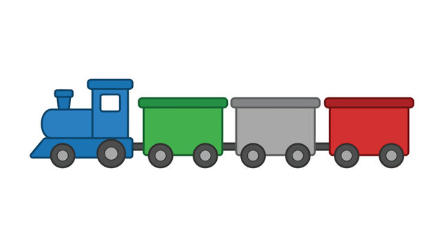 A simple blue cartoon train engine is pulling three colorful wagons in a row