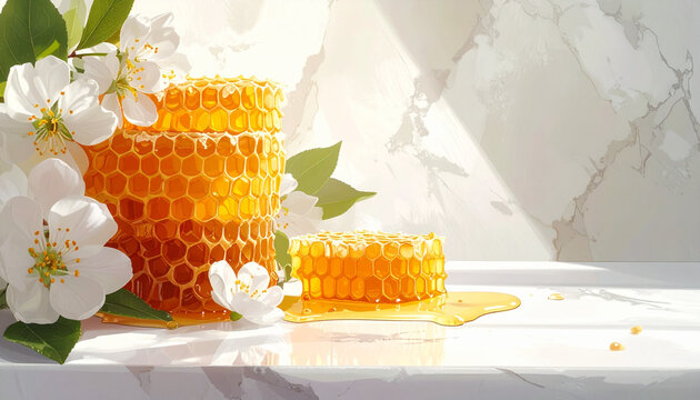 Close up of golden honeycombs with white flowers on a textured surface