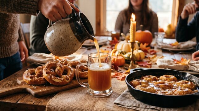 Pouring fresh apple cider at a cozy autumn harvest table with soft pretzels