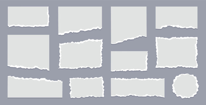 Paper frame rip collage set. Hand drawn paper frame rip cut tear white sheet texture edge. Torn vintage scrap note picture label memo scrapbook grunge background. Vector