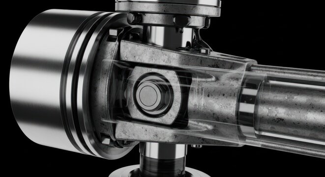 Close-up of a mechanical universal joint with piston on a black background.