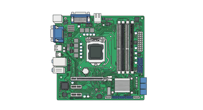 Green circuit board with ports and chips on transparent background