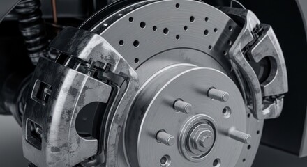 Fototapeta premium Close-up of a high-performance car brake system with ventilated rotor and caliper.