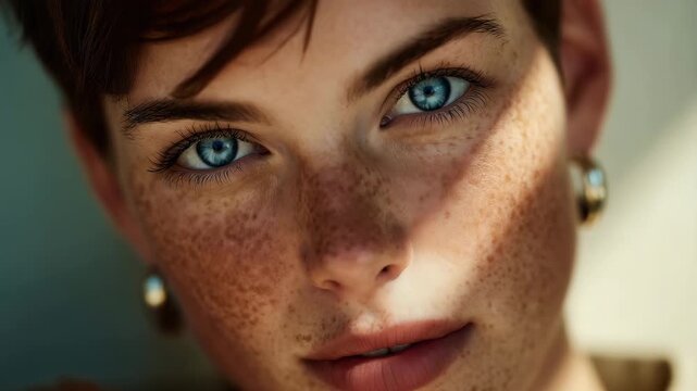 A young woman with striking blue eyes and freckles gazes directly at the camera, illuminated by soft, warm light that creates a gentle shadow across her face.