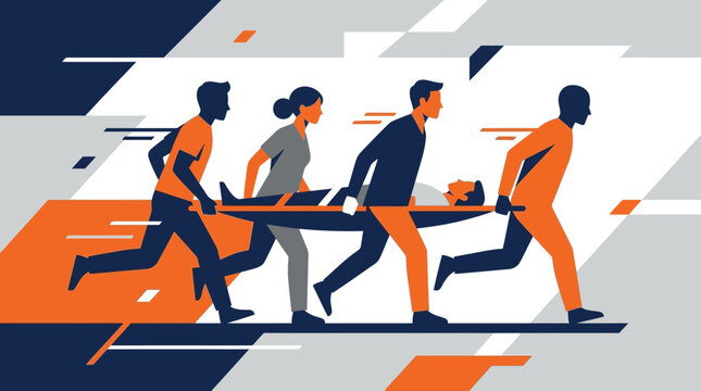 Paramedics and Medics Carrying Patient on Stretcher for Emergency Evacuation Vector Illustration