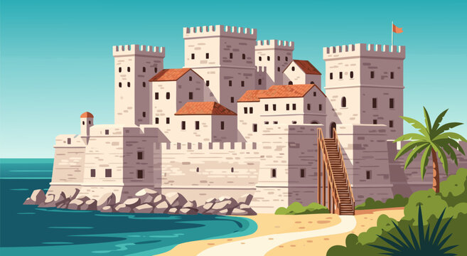 Beautiful cartoon vector illustration of a majestic medieval castle situated on a rocky coastline with a sandy beach and lush green palm trees