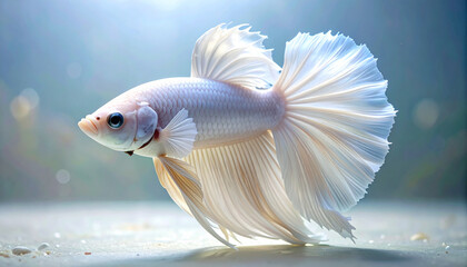 Fototapeta premium Elegant white betta fish underwater with flowing fins and detailed scales